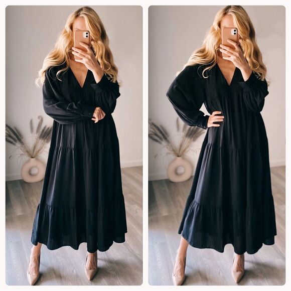 ZARA VOLUMINOUS TEXTURED BLACK MIDI DRESS - Picture 1 of 5